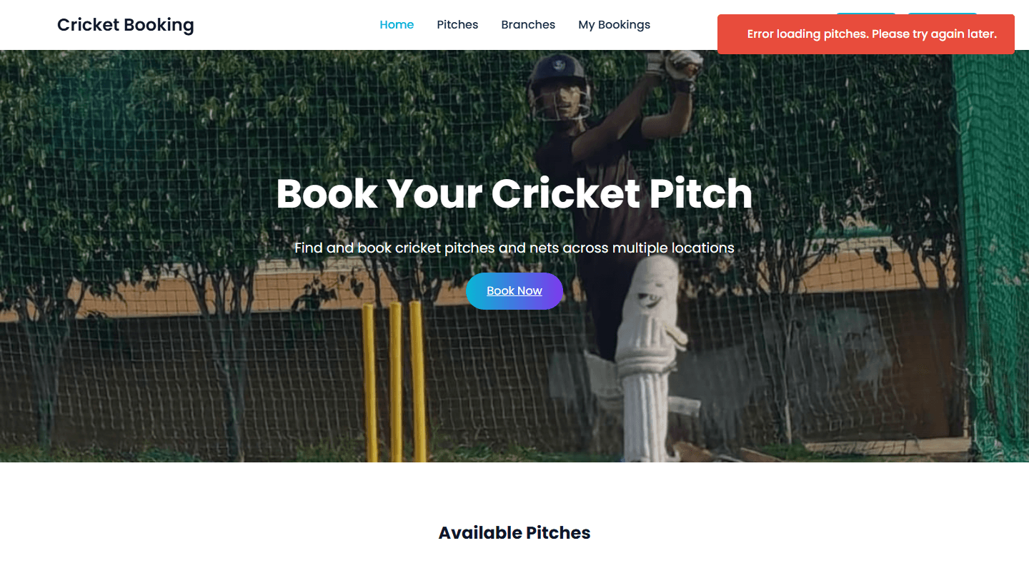 Cricket Turf Booking homepage with a hero banner and a Book Now call to action