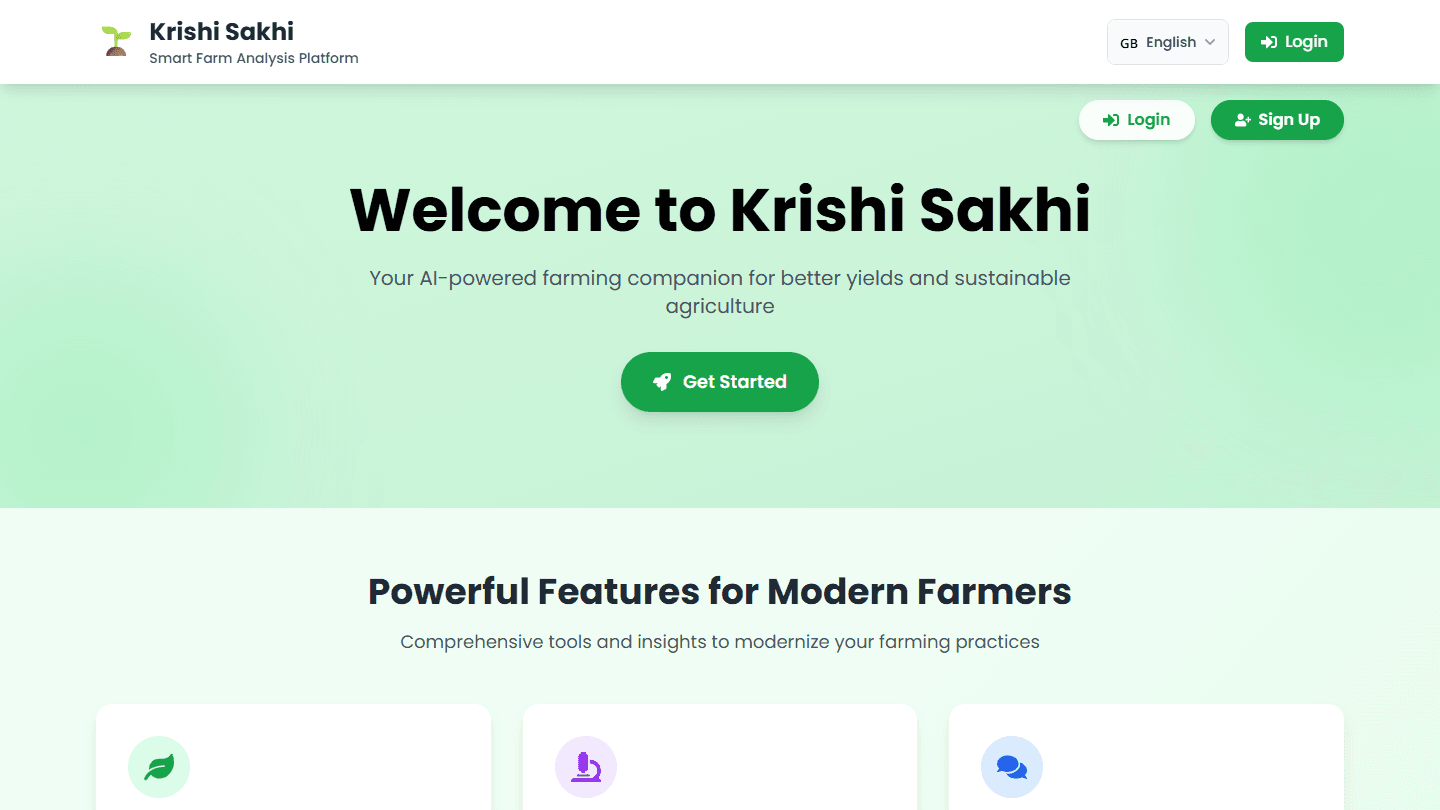 Krishi Sakhi homepage showing the AI farming assistant welcome screen and feature cards