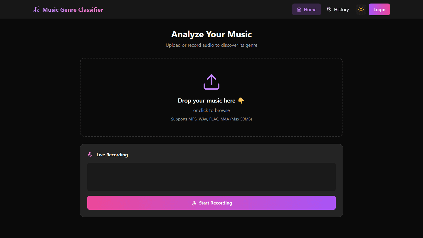 SongSense homepage showing the audio upload and live recording interface