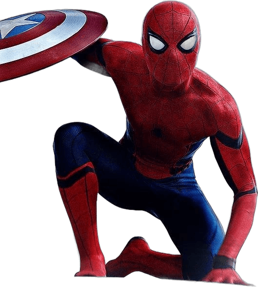 Spider-Man crouched in the corner, holding Captain America's shield