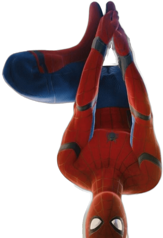 Spider-Man hanging by a web from the last letter of Technical Arsenal
